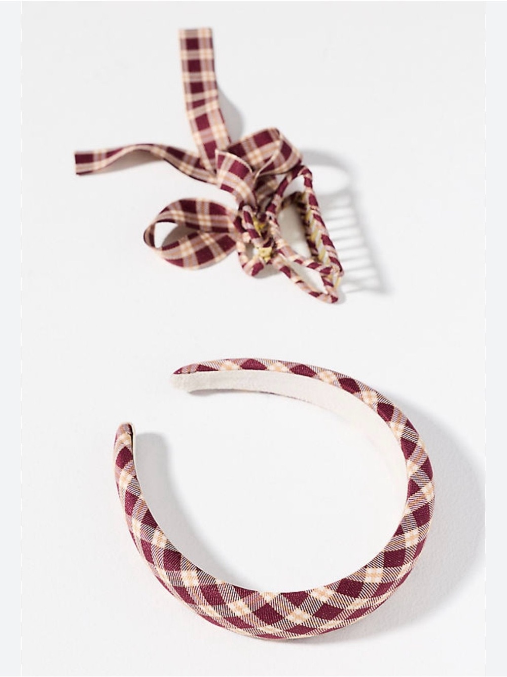 NWT Anthropologie Plaid Headband & Bow Hair Clip in Wine Red